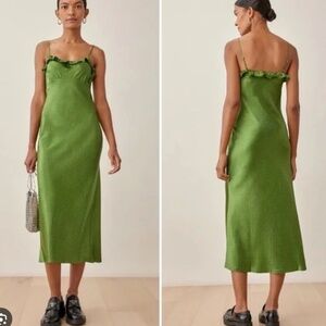 Reformation Ariabella Green Polka Dot Silk Dress XS